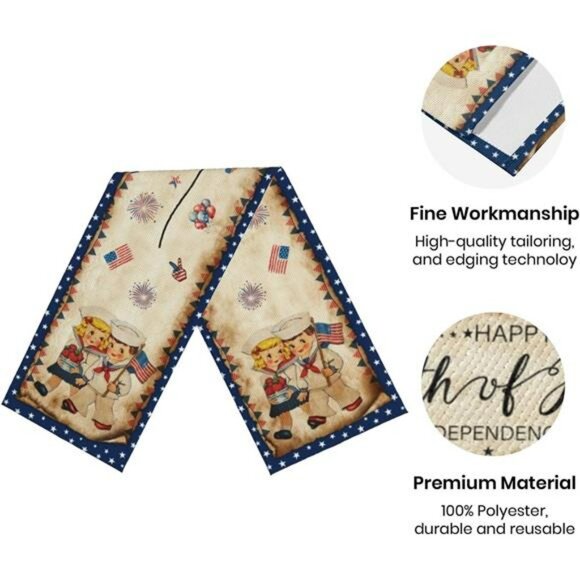 Vintage 4th of July Table Runner Linen Independence Day Party Table Decor 13x72 - Picture 4 of 8